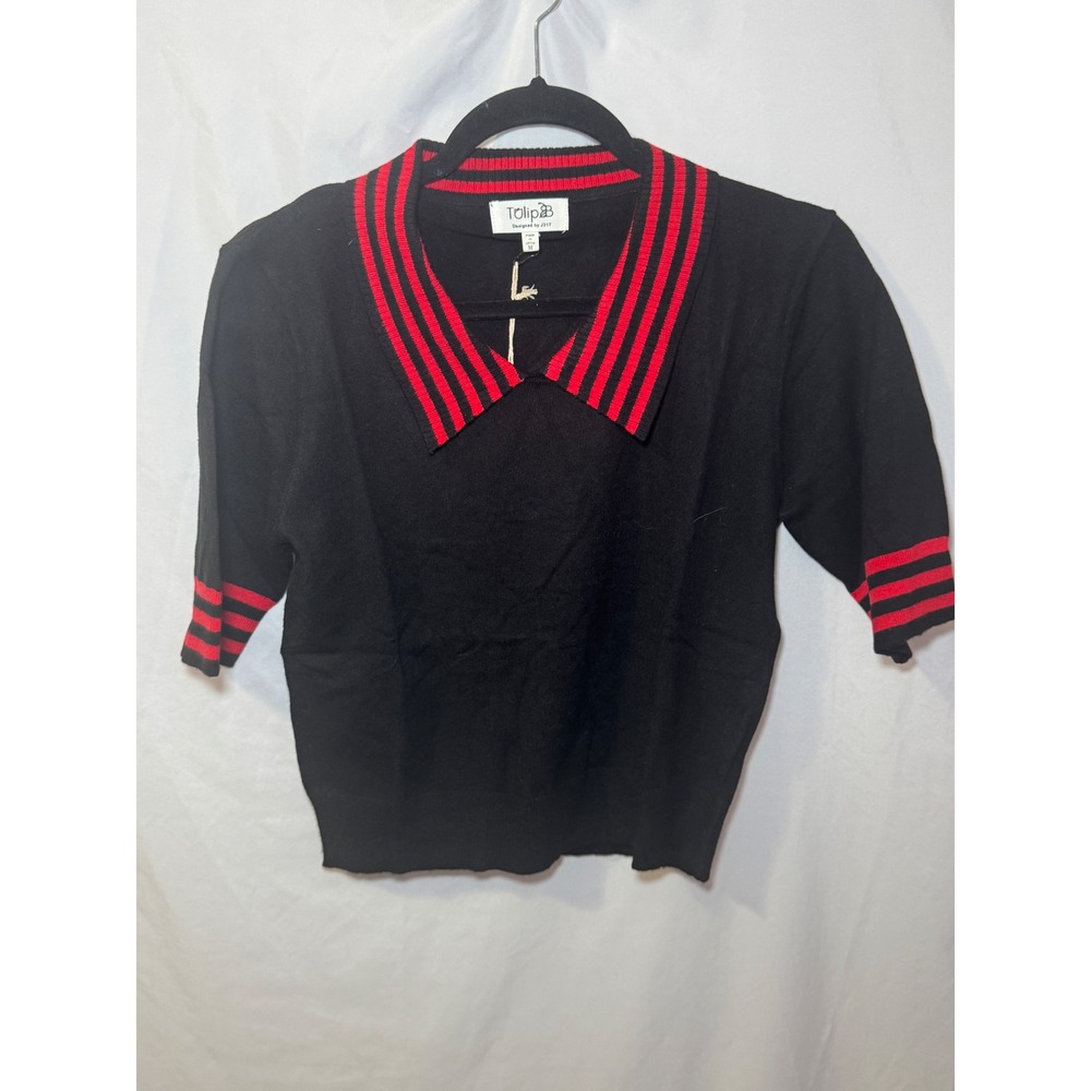 NWT Black Red Knit Polo Womens M Preppy Academia Striped Collar Vintage Style
